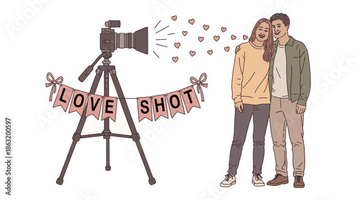 Love Shot: An illustration of a camera capturing a couple in love, creating a memorable love shot.