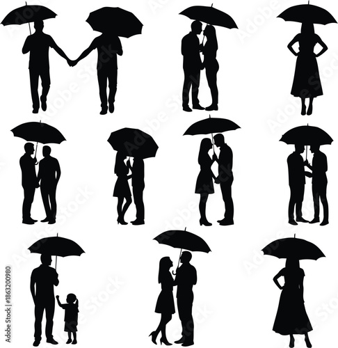 Silhouettes of couples and families with umbrellas