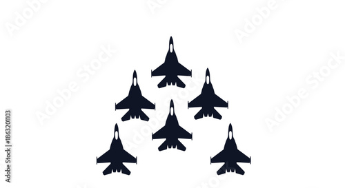 A squadron of six military fighter jets in dark silhouette flying in a triangular or wedge formation against a plain white background.
