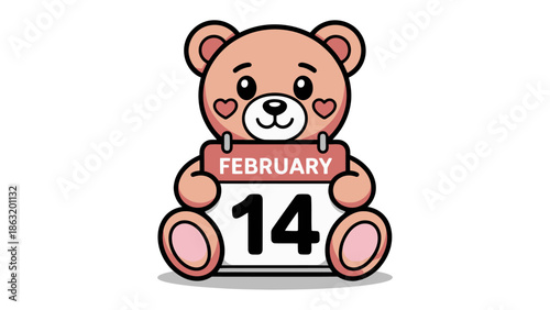 Valentine's Day Teddy Bear: A charming illustration featuring an adorable teddy bear holding a calendar displaying February 14, symbolizing love and affection.