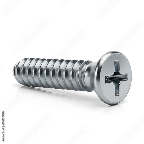 Close-up of a shiny metallic Phillips head screw, a vital piece of industrial hardware against a clean white background