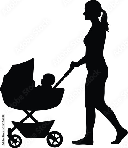 Mother pushing baby stroller