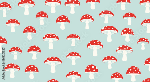 Seamless pattern of red and white spotted toadstool mushrooms known as fly agaric scattered across a light blue-green background.