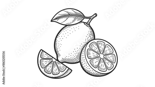 Detailed vintage engraving of a fresh lemon with slices and a leaf, perfect for design