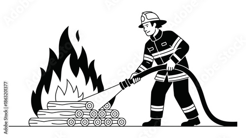 A dedicated firefighter heroically battling a blazing fire with a powerful water hose