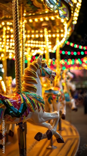 tennessine. A vibrant carousel at night with colorful horses and festive lights. wildlife magazines, conservation campaigns, designed for wildlife conservation campaigns.
