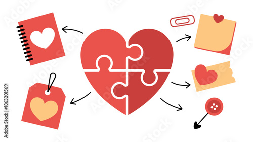 Heart-Shaped Puzzle: A creatively assembled illustration features a heart-shaped puzzle with various objects, showcasing a concept of love, connection, and unity. 