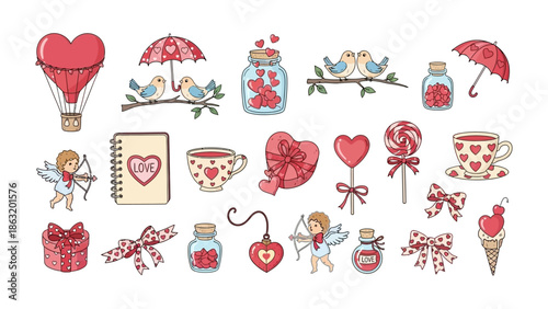 A Symphony of Affection: A heartwarming illustration features various objects in shades of red, with romantic themes, evoking the spirit of love and connection. 