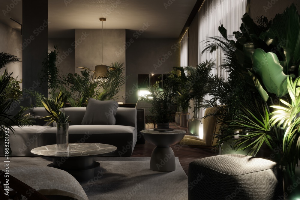 Fototapeta premium Interior de salón con vegetación abundante y luz tenue, Estética urban jungle en interiorismo contemporáneo, Salón de diseño moderno con sofá gris y plantas tropicales