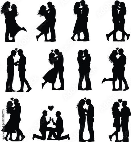 Silhouettes of couples in various poses