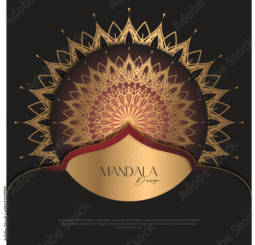 Mandala design  luxury Background  design golden brush text.