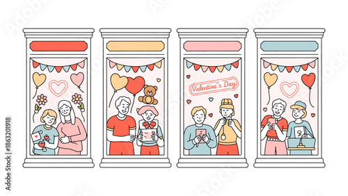 Valentine's Day Display: A delightful collection of illustrations celebrating Valentine's Day, showcasing diverse couples and gift exchanges.