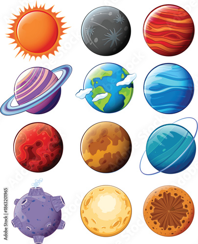 Bright and sun assorted colorful planets on white background set vector