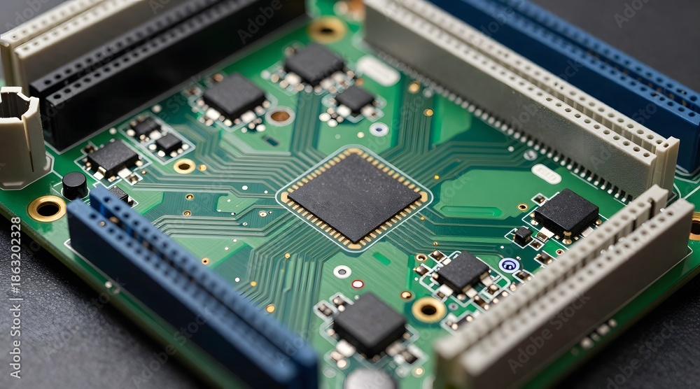 Obraz premium Close up view of modern green circuit board with processors and chips