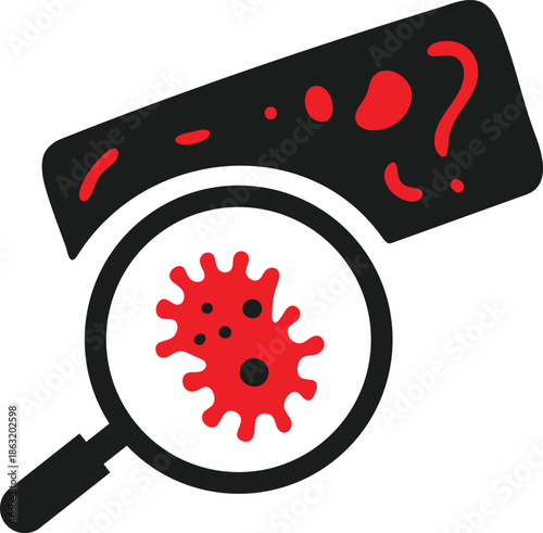 Scientific illustration of a magnifying glass examining a microscopic virus or bacteria, symbolizing medical research, disease discovery, and health analysis