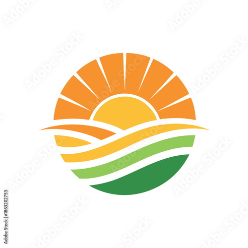 Minimal flat logo of a sunrise over rolling fields and water, warm orange sun rays, flowing layered waves,
