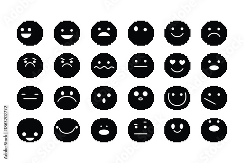 Emoji Faces Icons Set. Happy, Sad, Angry, Love, Neutral, Surprised, Confused, Smiling and Crying Emoticons. Pixel Style Silhouette Vector Illustration. Isolated on White Background