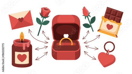 Romantic Gestures: An assortment of romantic tokens arranged to show love and affection. Includes a heart-shaped ring in a box, a burning candle, a heartfelt letter, roses, and chocolate.