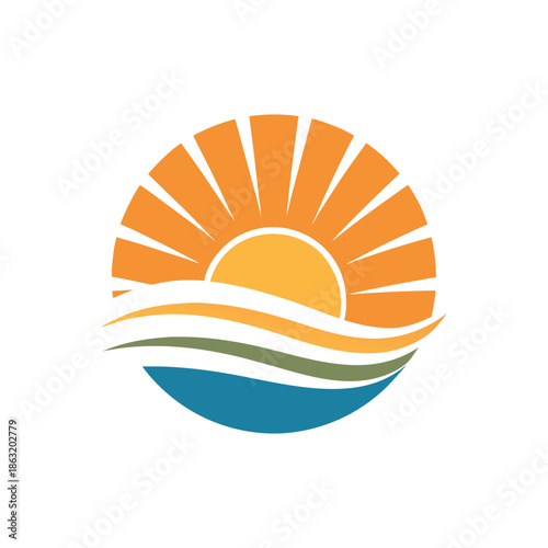 Minimal flat logo of a sunrise over rolling fields and water, warm orange sun rays, flowing layered waves,
