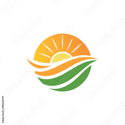 Minimal flat logo of a sunrise over rolling fields and water, warm orange sun rays, flowing layered waves,