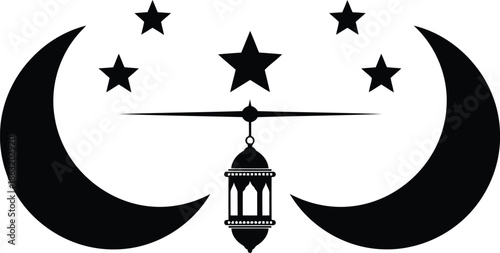 Elegant Islamic Lantern with Moon and Stars Silhouette