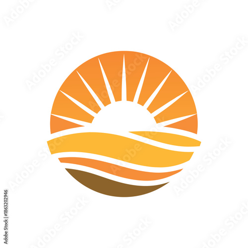 Minimal flat logo of a sunrise over rolling fields and water, warm orange sun rays, flowing layered waves,