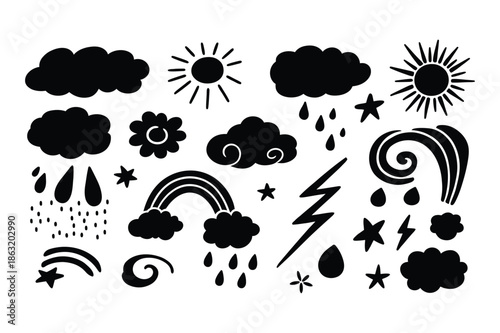 Weather Doodle Icons Set. Sun, Clouds, Rain, Thunder, Lightning, Rainbow, Wind, Storm Symbols and More. Hand Drawn Vector Illustration. Editable Stroke.