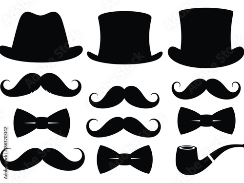Collection of vintage hats mustaches bow ties and a smoking pipe illustration