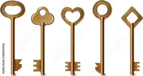 Ornate brass key icons for historical and magical design projects vector