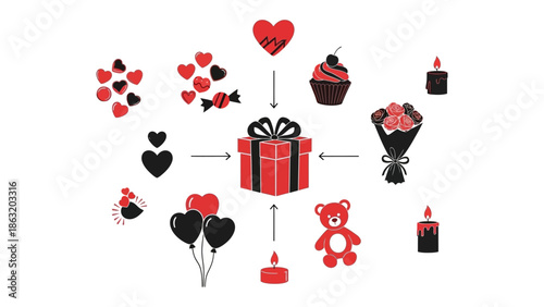 Love's Embrace: An array of charming elements including hearts, gifts, and treats come together to create a visual poem that speaks of love and affection.