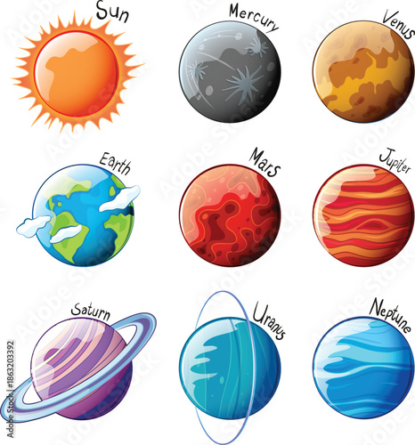 Scientific solar system chart with realistic sun rays and asteroids vector