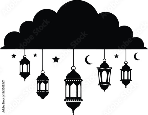 Elegant Black Lanterns Hanging from Cloud with Stars and Moon