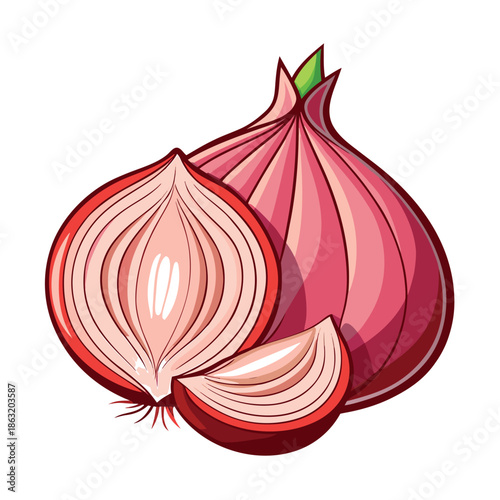 Flat vector illustration of a red onion with one half cut open, clean lines, bright colors