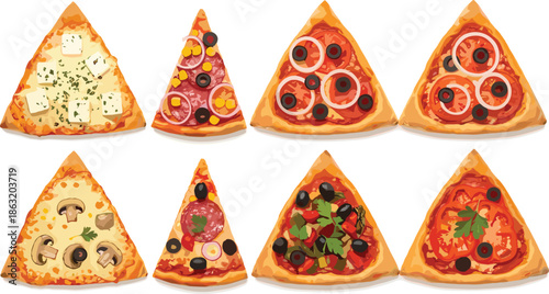 Flat vector illustration of a delicious cheeseburger pepperoni pizza slice and hot dog with mustard for restaurant menus and fast food branding.