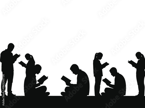 Silhouettes of people reading books in various postures against a white background