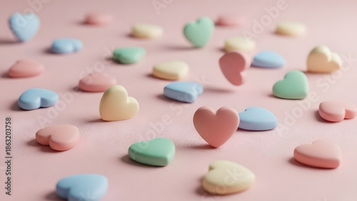 Happy valentines day pastel hearts on pink background
