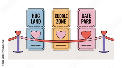 Love Destination Tickets: A visual metaphor of love, with tickets representing different stages of affection, such as Hug Land, Cuddle Zone, and Date Park 