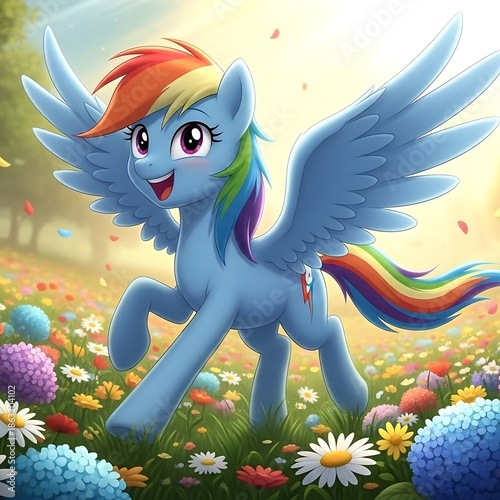Rainbow Dash My Little Pony Running Through Flower Field.