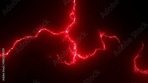 Dynamic red lightning strikes energy flow on black background