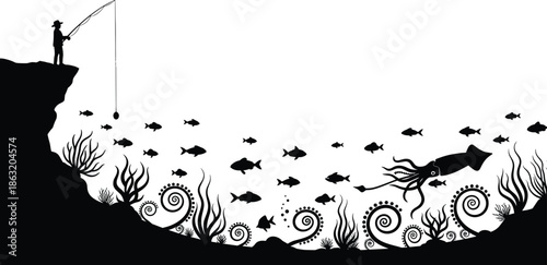 Black and white silhouette of a fisherman on a cliff with underwater sea life including a giant squid and schools of fish
