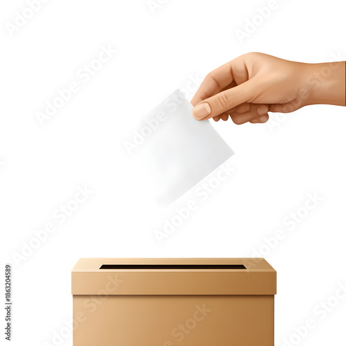 Hand Placing Paper into Cardboard Slot, Voting Gesture, Rectangular Box, and White Background