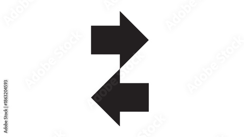 Abstract black double-arrow silhouette icon with a right-pointing top arrow and left-pointing bottom arrow, minimalist vector art on white background