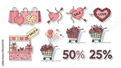 Valentine's Day Sale Illustration: A collection of charming Valentine's Day sale elements, including shopping bags, hearts pierced by arrows, a heart-shaped wreath, a market stall with gifts.