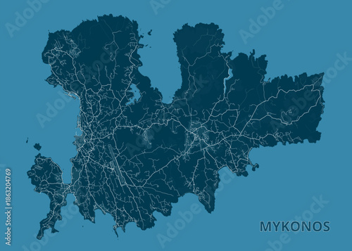 map of Mykonos Island, Greece, set against a teal background. The island's shape is clearly defined, with a network of white lines representing the roads and streets.
