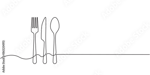 Knife and fork, continuous one line drawing, minimalist outline illustration of dining utensils, Minimalist line art illustration of a fork, knife, and spoon connected by a continuous, wavy line.