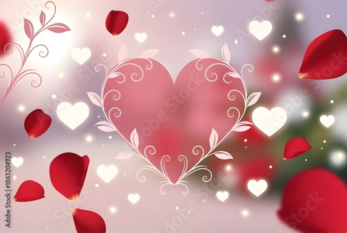 A soft, ethereal pink background featuring a large central heart and floating petals.