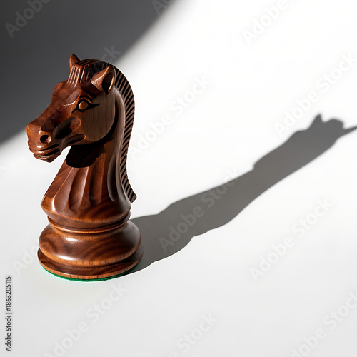 Wooden chess knight piece casting a long shadow on a white surface