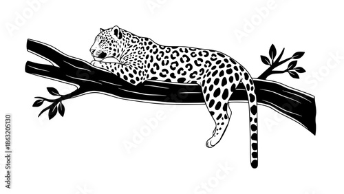 Jaguar on a tree, outline vector illustration with solid colors, clean stroke, nature and wildlife icon style, isolated background, simple and elegant design