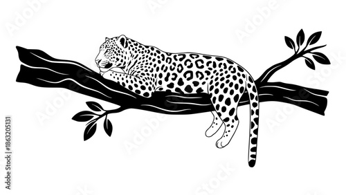 Jaguar on a tree, outline vector illustration with solid colors, clean stroke, nature and wildlife icon style, isolated background, simple and elegant design
