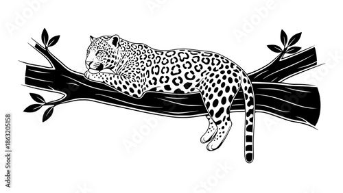 Jaguar on a tree, outline vector illustration with solid colors, clean stroke, nature and wildlife icon style, isolated background, simple and elegant design